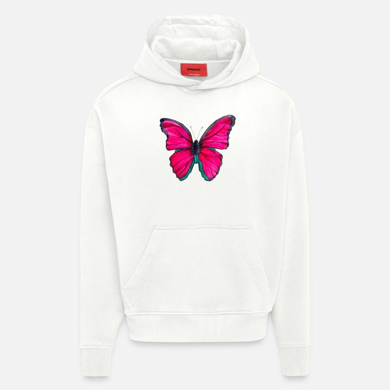 Papillon rose - Sweat à capuche bio épais oversize fabriqué en UE - OFF WHITE