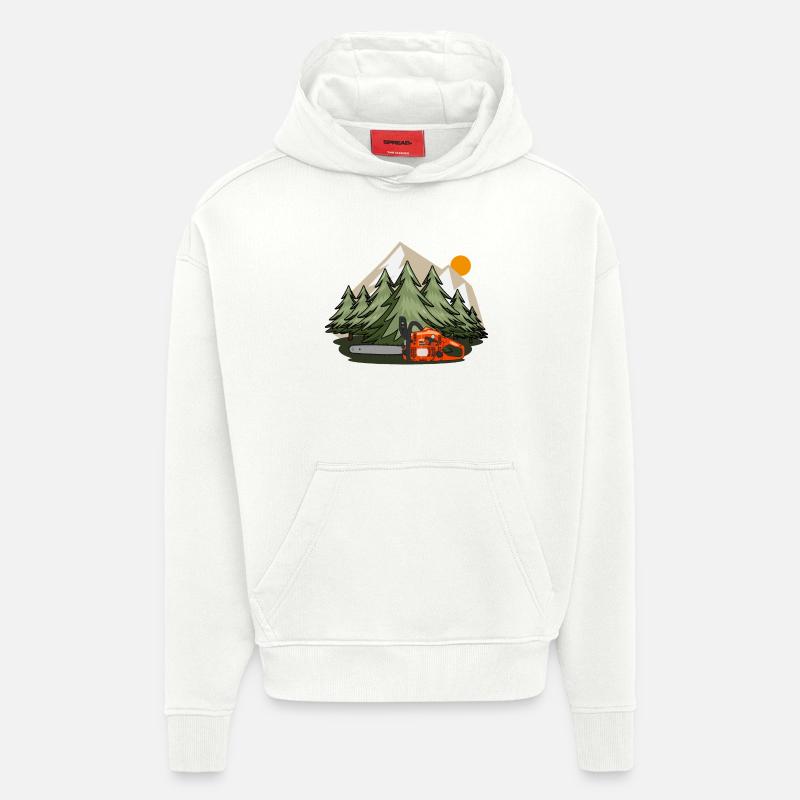 Tronçonneuse avec forêt et montagnes - Sweat à capuche bio épais oversize fabriqué en UE - OFF WHITE