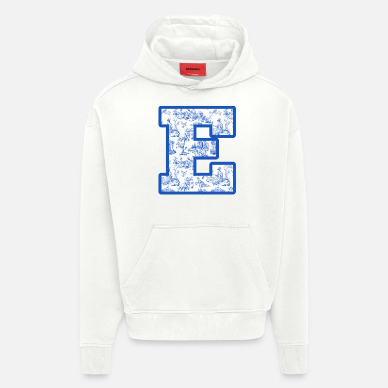 Lettre e chinoiserie bleu - Sweat à capuche bio épais oversize fabriqué en UE - OFF WHITE