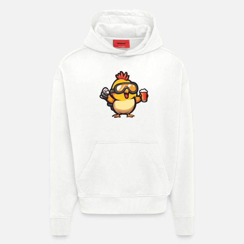 Poulet Après-Ski Bière Bande Dessinée - Sweat à capuche bio épais oversize fabriqué en UE - OFF WHITE
