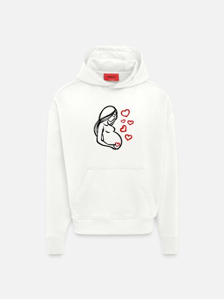 Coeur Grossesse Bébé Ventre Déclaration Enceinte - Sweat à capuche bio épais oversize fabriqué en UE - OFF WHITE