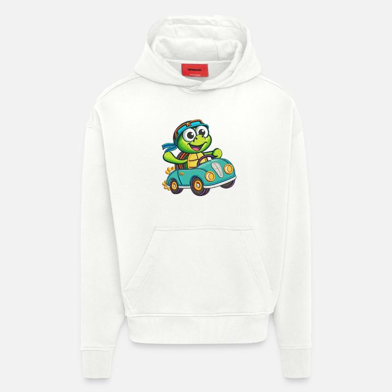 Tortue aventureuse conduisant une voiture - Sweat à capuche bio épais oversize fabriqué en UE - OFF WHITE