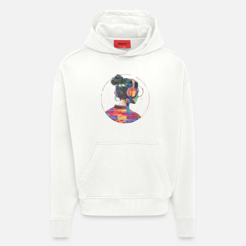 Fille avec des écouteurs - Sweat à capuche bio épais oversize fabriqué en UE - OFF WHITE