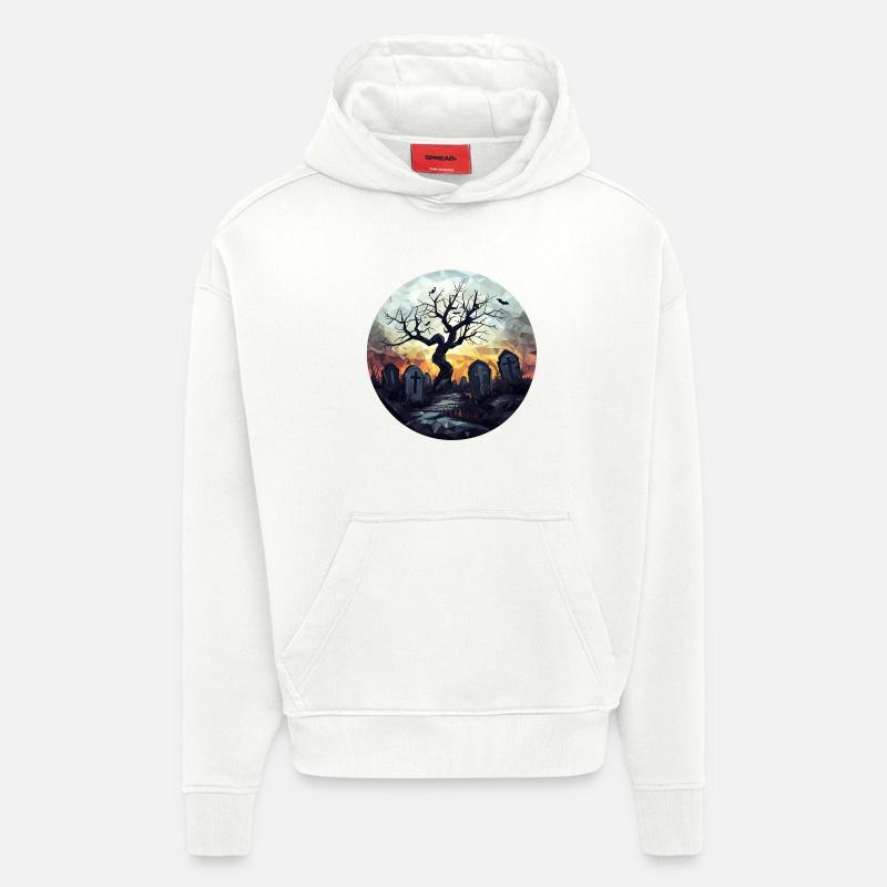 Cimetière effrayant avec arbre noueux - Sweat à capuche bio épais oversize fabriqué en UE - OFF WHITE