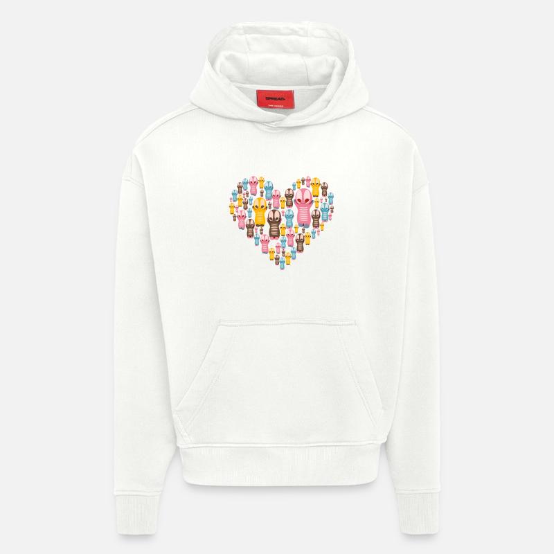 Mignon Kawaii Figurines Coeur - Sweat à capuche bio épais oversize fabriqué en UE - OFF WHITE