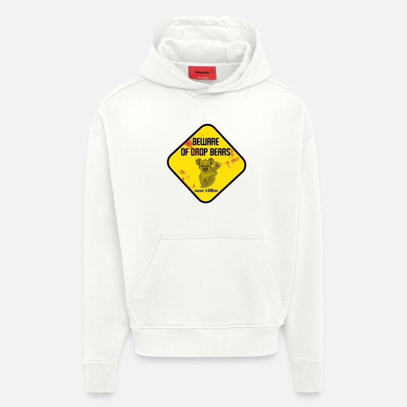 Signe d’avertissement : Drop Bears - Sweat à capuche bio épais oversize fabriqué en UE - OFF WHITE