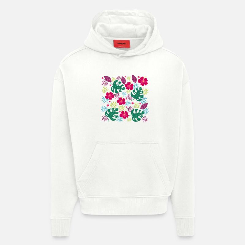 Fleurs tropicales avec fleurs d’hibiscus Monstera - Sweat à capuche bio épais oversize fabriqué en UE - OFF WHITE
