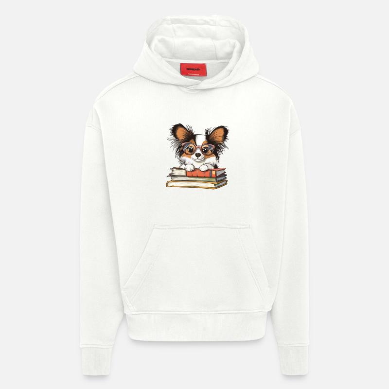 Süßes Papillon-Hundelesebuch mit Brille - Hoodie- made by SPREAD  - OFF WHITE