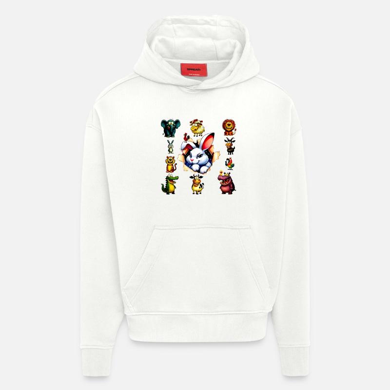 Happy Cartoon Animals Bunny Design - Sweat à capuche bio épais oversize fabriqué en UE - OFF WHITE