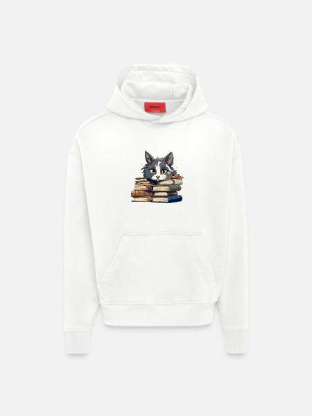 Book Stack Cat Bibliophile - Hoodie- made by SPREAD - OFF WHITE