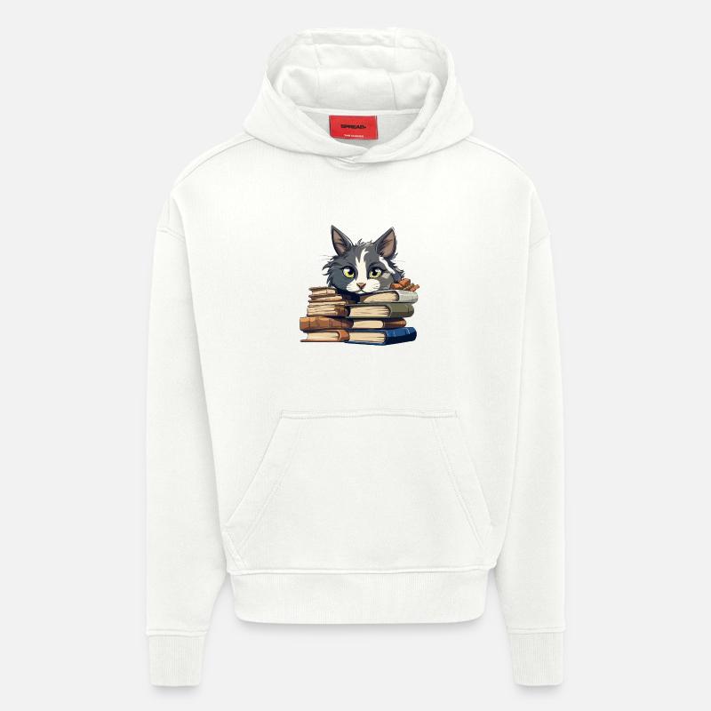 Book Stack Cat Bibliophile - Hoodie- made by SPREAD  - OFF WHITE