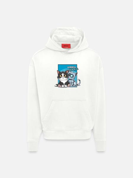 Chat et robot, humour, cartoon, bd - Sweat à capuche bio épais oversize fabriqué en UE - OFF WHITE