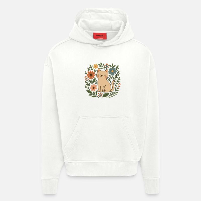 Chat fleuri parmi les fleurs - Sweat à capuche bio épais oversize fabriqué en UE - OFF WHITE