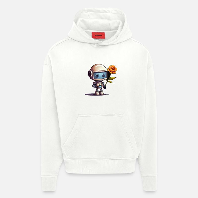Petit robot avec une rose - Sweat à capuche bio épais oversize fabriqué en UE - OFF WHITE
