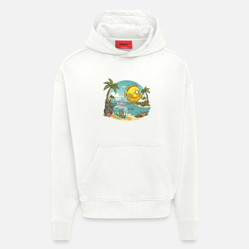 Poisson fleur tiaré palmier cartoon - Sweat à capuche bio épais oversize fabriqué en UE - OFF WHITE