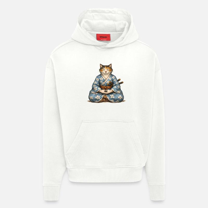 Kimono de méditation Zen Samurai Cat - Sweat à capuche bio épais oversize fabriqué en UE - OFF WHITE