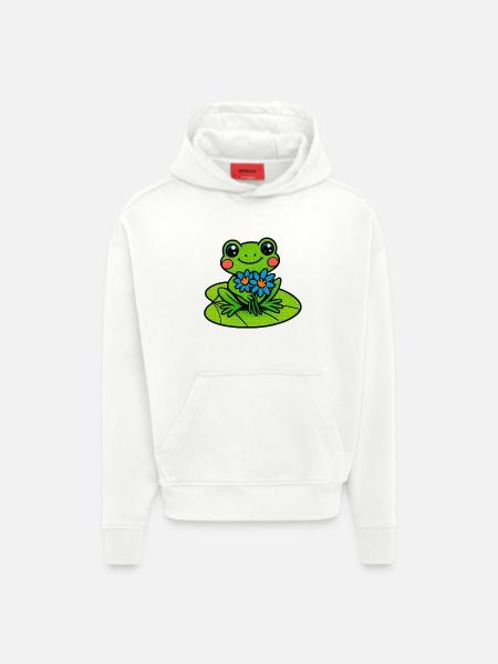 Fröhlicher Frosch mit Blumenstrauß - Hoodie- made by SPREAD  - OFF WHITE