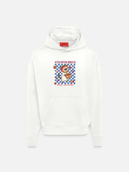 Erdbeerhauben-Katze trägt einen Erdbeerkorb - Hoodie- made by SPREAD - OFF WHITE
