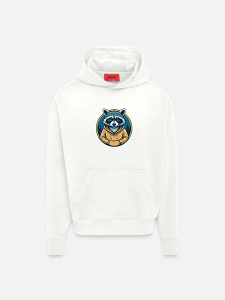 Clipart de dessin animé aquarelle mascotte de Kawaii de raton laveur - Sweat à capuche bio épais oversize fabriqué en UE - OFF WHITE