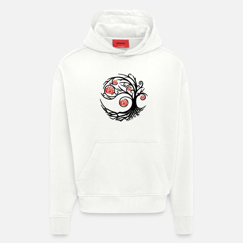 Stilisierter schwarzer Baum und rote Rosen - Hoodie- made by SPREAD  - OFF WHITE