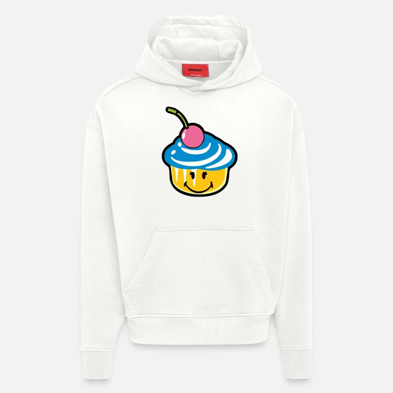 Smiley Kawaii Cupcake - Sweat à capuche bio épais oversize fabriqué en UE - OFF WHITE