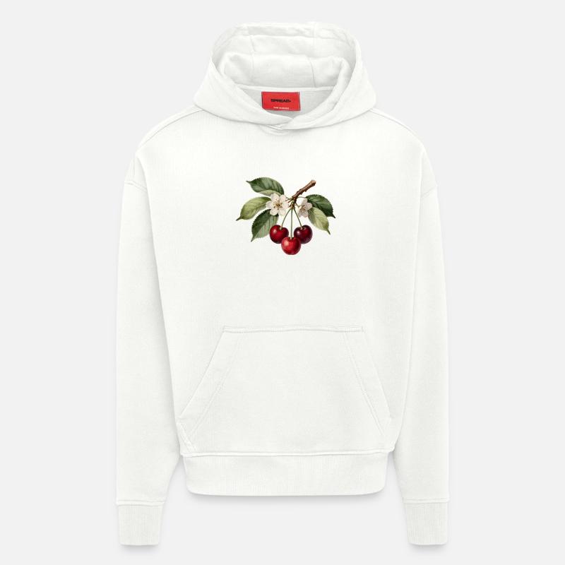 Gravure cerises et fleurs botaniques - Sweat à capuche bio épais oversize fabriqué en UE - OFF WHITE