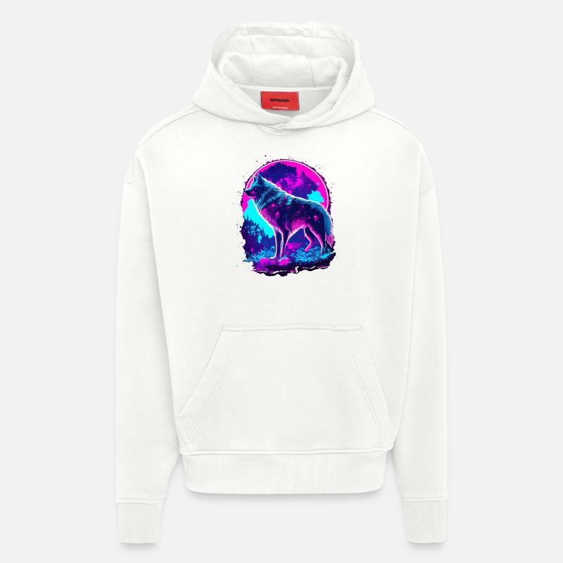 Wolf’s Art Synthwave Néon Psychédélique - Sweat à capuche bio épais oversize fabriqué en UE - OFF WHITE