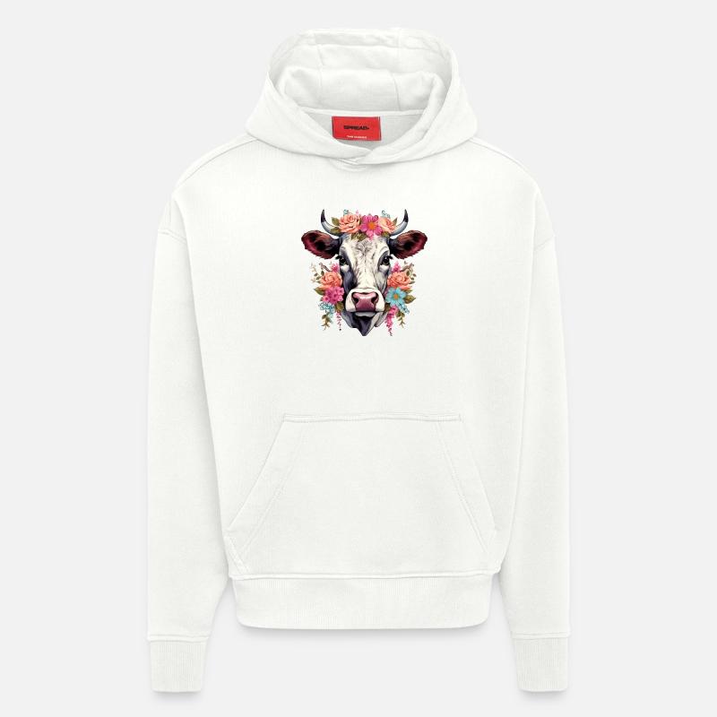 Vache avec des fleurs - Sweat à capuche bio épais oversize fabriqué en UE - OFF WHITE
