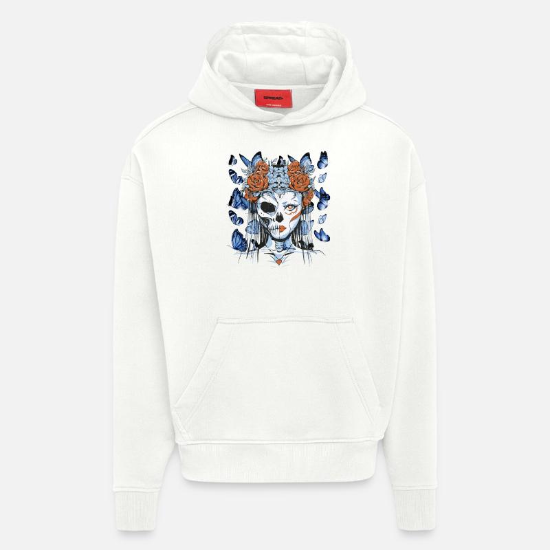 Crâne Papillons Crâne Crâne Crâne - Sweat à capuche bio épais oversize fabriqué en UE - OFF WHITE