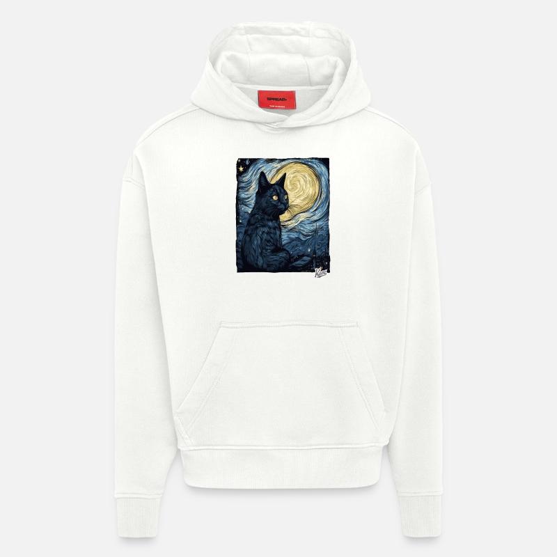 Nuit étoilée et chat noir - Sweat à capuche bio épais oversize fabriqué en UE - OFF WHITE
