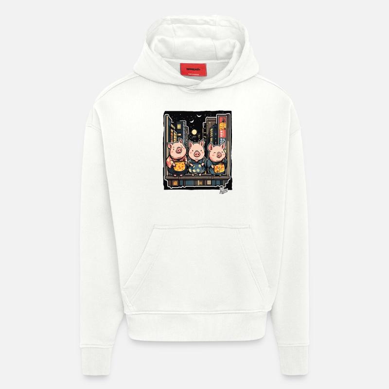 Drôles de cochons à Tokyo - Sweat à capuche bio épais oversize fabriqué en UE - OFF WHITE