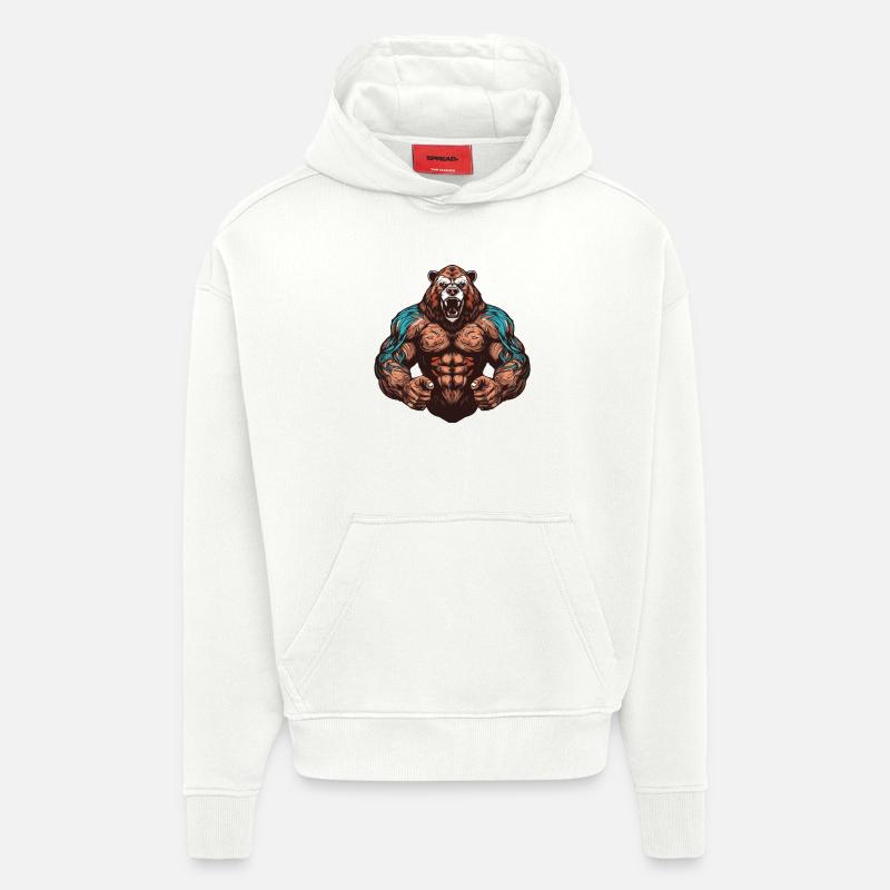 Musculation Bear Grizzly Muscles - Sweat à capuche bio épais oversize fabriqué en UE - OFF WHITE