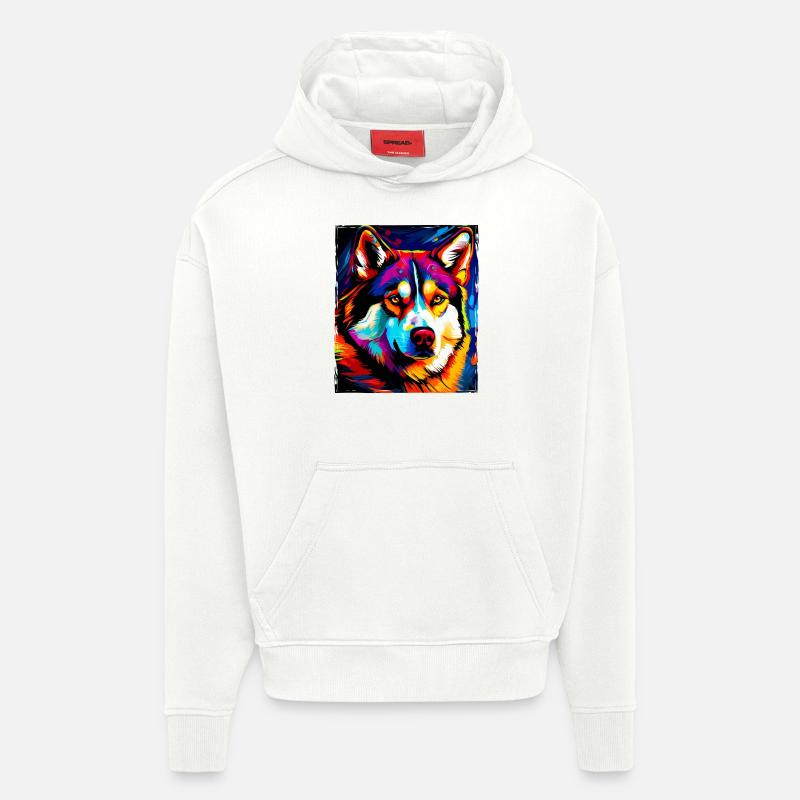 Portrait de chien husky - Sweat à capuche bio épais oversize fabriqué en UE - OFF WHITE