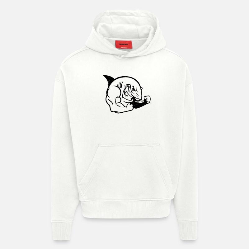 Silhouette d’entraînement musclé de bodybuilder requin - Sweat à capuche bio épais oversize fabriqué en UE - OFF WHITE