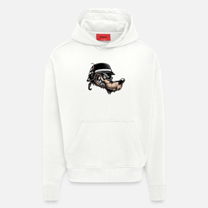 Grimmiger Comic-Wolf mit Helm - Hoodie- made by SPREAD  - OFF WHITE