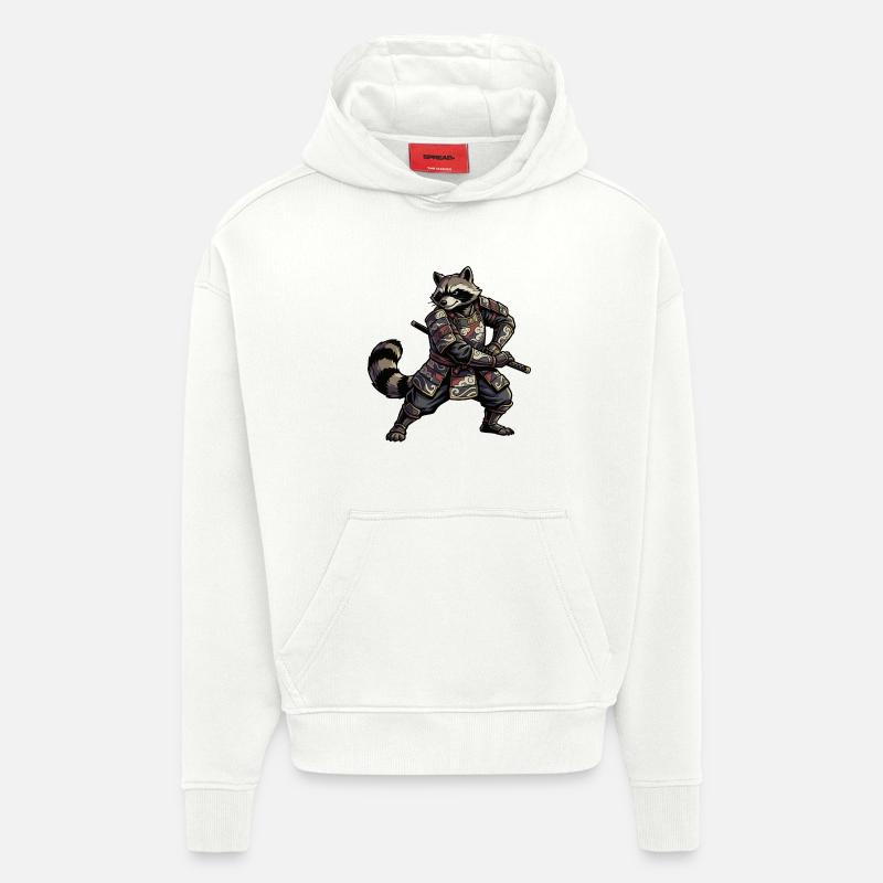Samouraï raton laveur avec katana - Sweat à capuche bio épais oversize fabriqué en UE - OFF WHITE