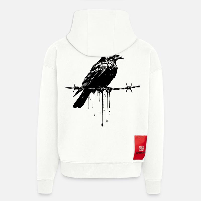 Raven sur l’encre de fil barbelé - Sweat à capuche bio épais oversize fabriqué en UE - OFF WHITE