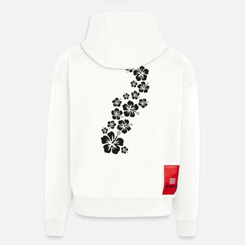 BALI hibiscus fleurs noires - Sweat à capuche bio épais oversize fabriqué en UE - OFF WHITE