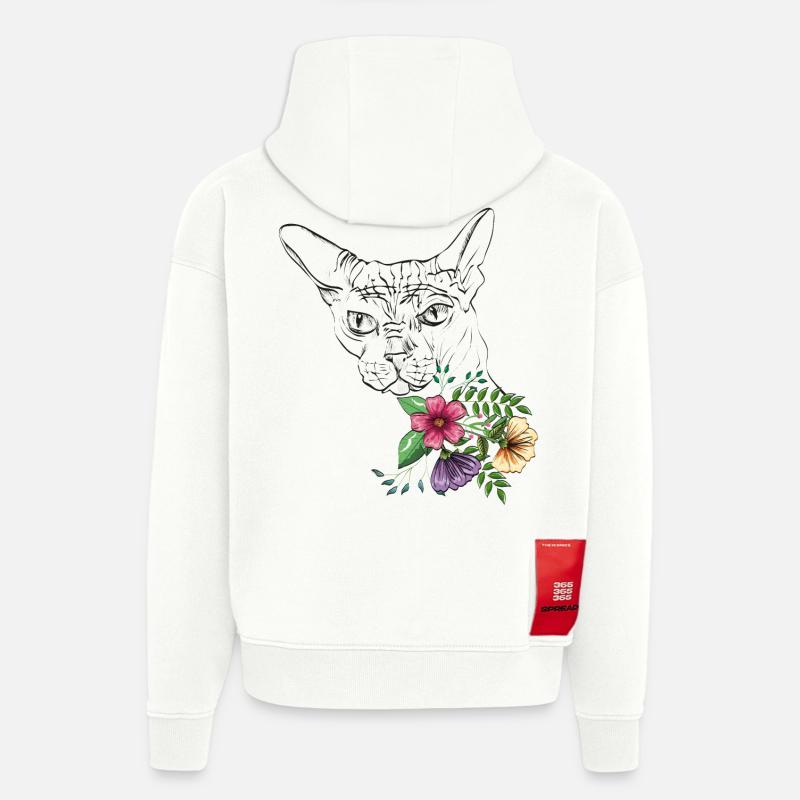 Chat avec des fleurs - Sweat à capuche bio épais oversize fabriqué en UE - OFF WHITE
