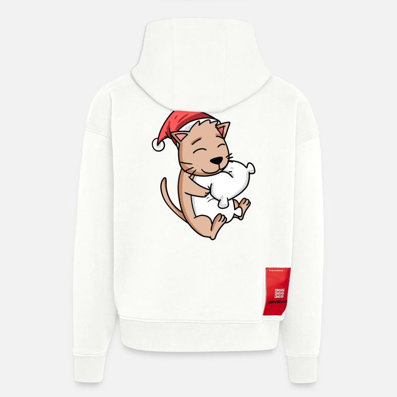 Mignon chat Noël sommeil fatigué - Sweat à capuche bio épais oversize fabriqué en UE - OFF WHITE