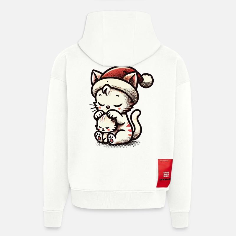Chats mignons Noël avec chapeau - Sweat à capuche bio épais oversize fabriqué en UE - OFF WHITE