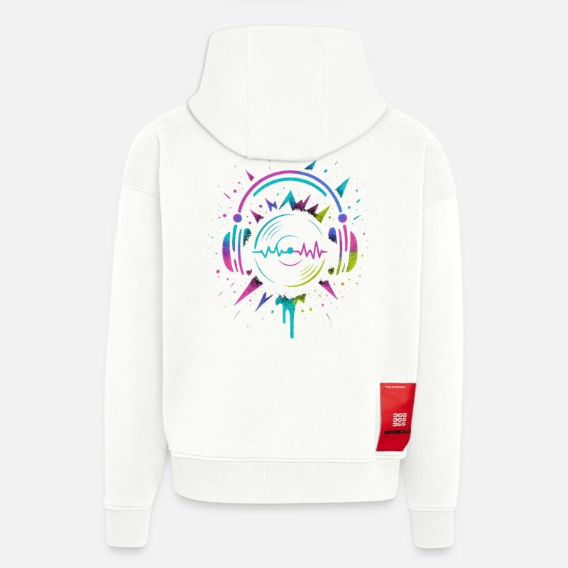 Casque néon, vinyle, son techno rave - Sweat à capuche bio épais oversize fabriqué en UE - OFF WHITE