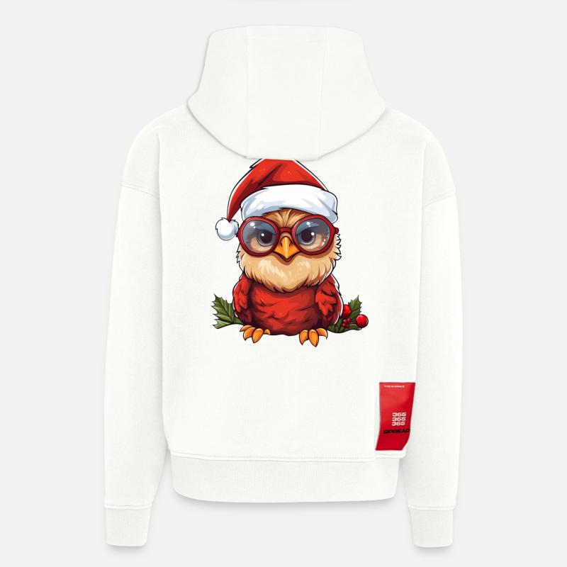 Chouette de Noël plumes rouges - Sweat à capuche bio épais oversize fabriqué en UE - OFF WHITE