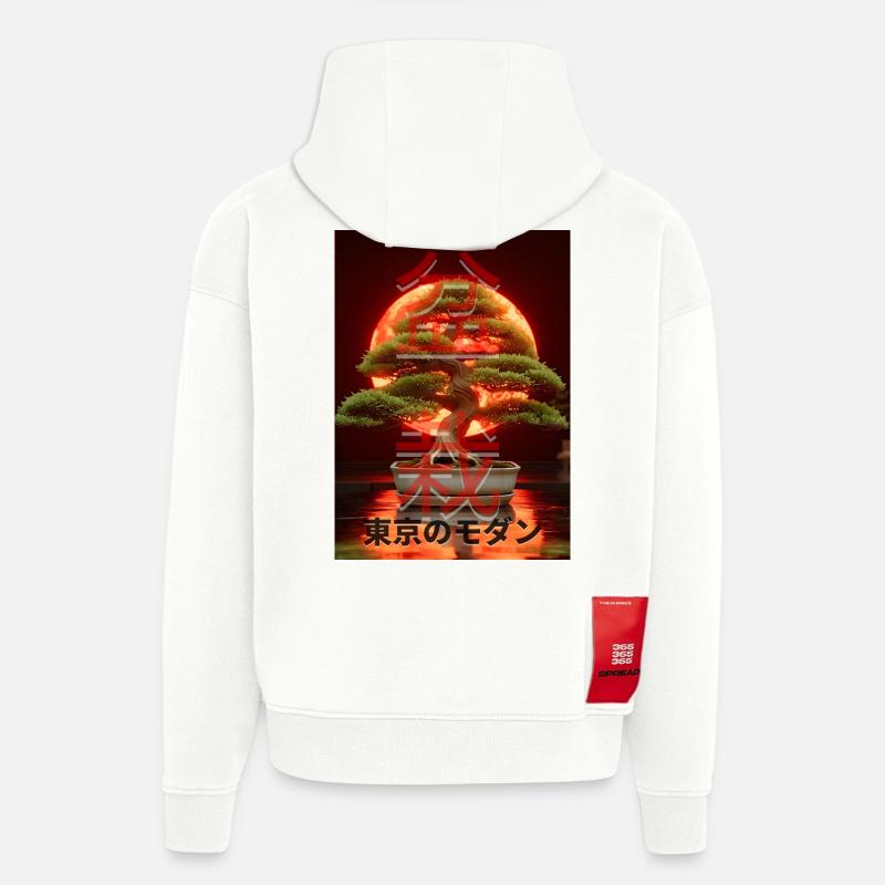 Bonsaï Red Suns Panneau d’écriture japonais - Sweat à capuche bio épais oversize fabriqué en UE - OFF WHITE
