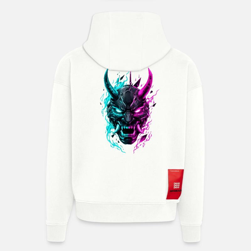 Masque Cyber Oni Néon - Sweat à capuche bio épais oversize fabriqué en UE - OFF WHITE