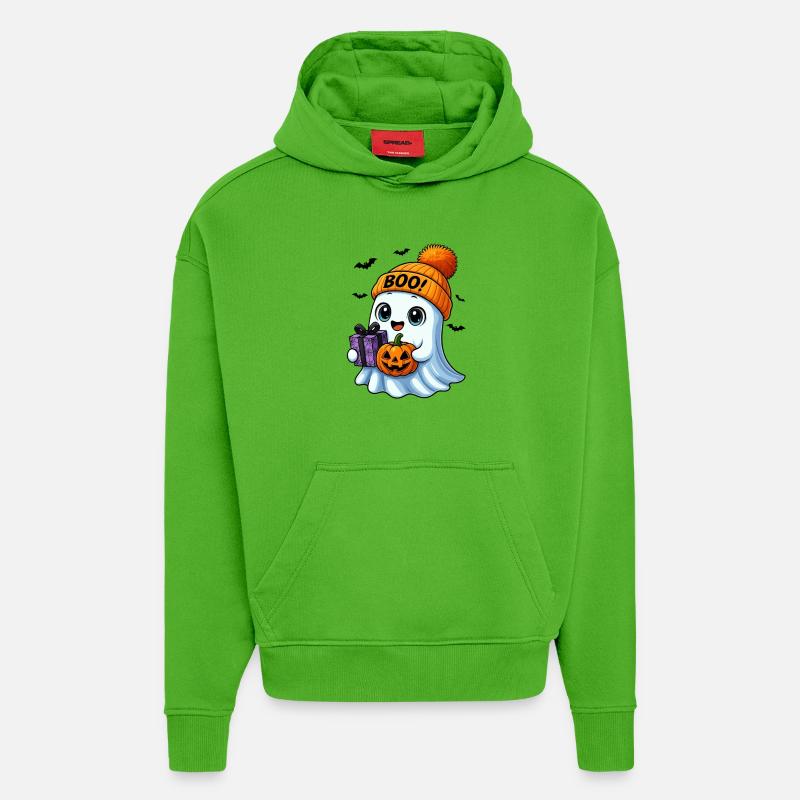Fantôme d’Halloween mignon avec citrouille - Sweat à capuche bio épais oversize fabriqué en UE - Apple Neon
