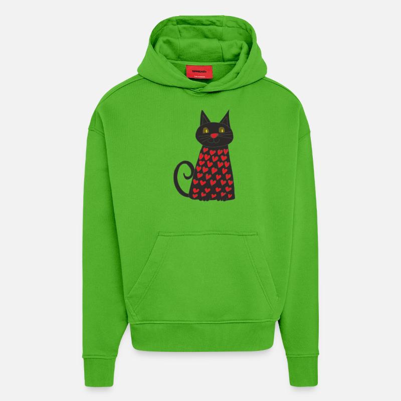 Chat Noir avec Cœurs - Sweat à capuche bio épais oversize fabriqué en UE - Apple Neon