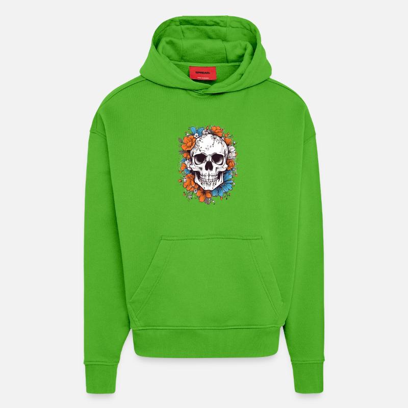 Crâne avec des fleurs - Sweat à capuche bio épais oversize fabriqué en UE - Apple Neon