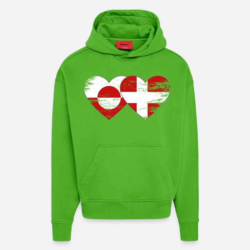 Cœur du drapeau du Groenland-Danemark utilisé - Sweat à capuche bio épais oversize fabriqué en UE - Apple Neon