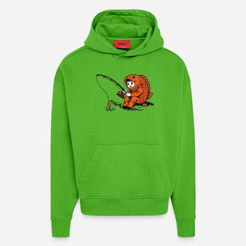 Garçon en costume de poisson pêcheant - Sweat à capuche bio épais oversize fabriqué en UE - Apple Neon
